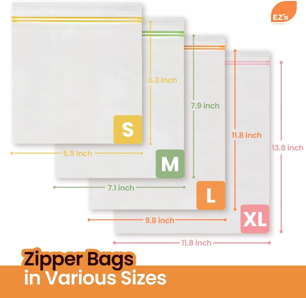 EZ'n Standard Double Zipper Food Storage Bags – 80 Count, Large Size, Durable, BPA-Free, Leakproof & Freezer Safe Resealable Plastic Bags - Made in Korea