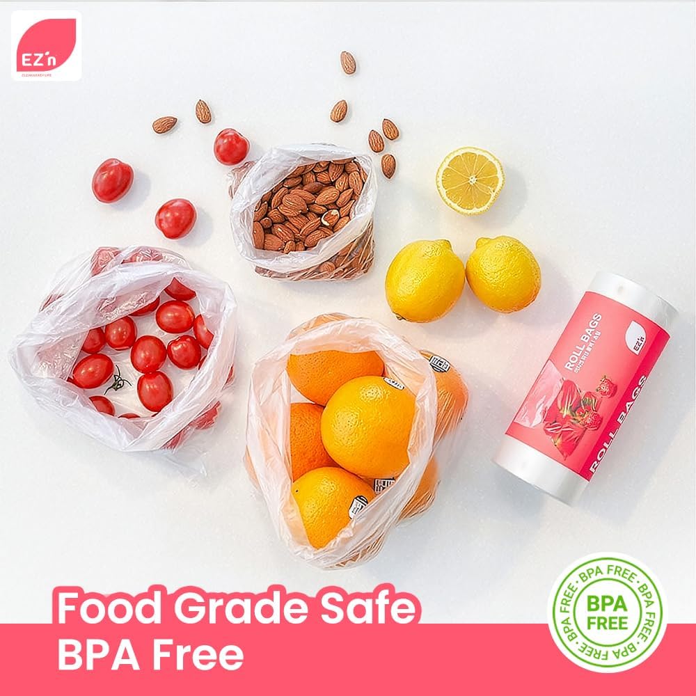 EZ'n Food Storage Bags - 12" x 16" Clear Plastic Produce Bags 500 pcs on a Roll - Durable, Easy Tear, Freezer Safe, BPA Free, Ideal for Bread, Fruits, Vegetables, Refrigerator Storage - Made in Korea