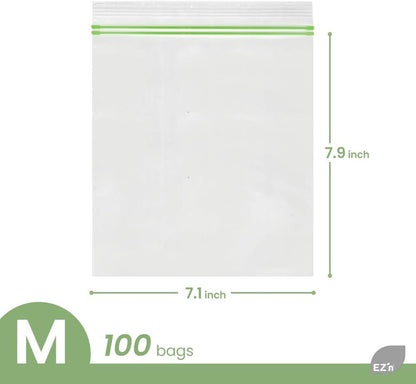 EZ'n Standard Double Zipper Food Storage Bags – 100 Count, Medium Size, Durable, BPA-Free, Leakproof & Freezer Safe Resealable Plastic Bags - Made in Korea