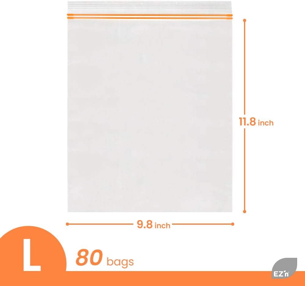 EZ'n Standard Double Zipper Food Storage Bags – 80 Count, Large Size, Durable, BPA-Free, Leakproof & Freezer Safe Resealable Plastic Bags - Made in Korea