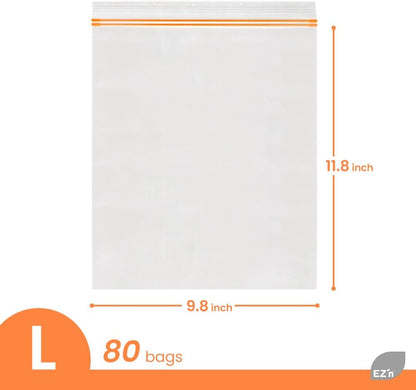 EZ'n Standard Double Zipper Food Storage Bags – 80 Count, Large Size, Durable, BPA-Free, Leakproof & Freezer Safe Resealable Plastic Bags - Made in Korea