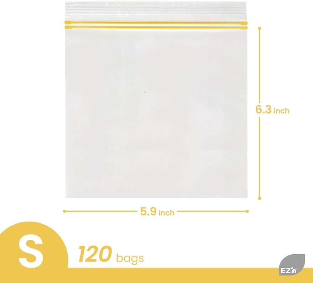 EZ'n Standard Double Zipper Food Storage Bags – 120 Count, Small Size, Durable, BPA-Free, Leakproof & Freezer Safe Resealable Plastic Bags - Made in Korea