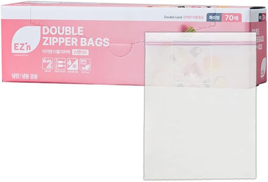 EZ'n Standard Double Zipper Food Storage Bags – 70 Count, X-Large Size, Durable, BPA-Free, Leakproof & Freezer Safe Resealable Plastic Bags - Made in Korea