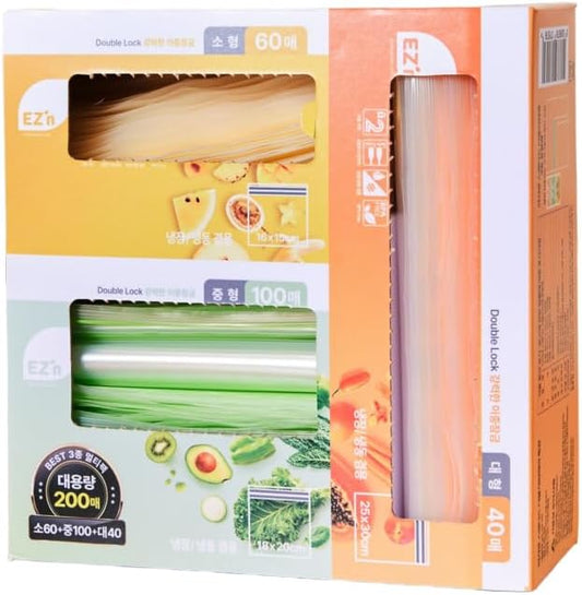 EZ'n Standard Double Zipper Food Storage Bags – Variety Pack, S,M,L Size, Durable, BPA-Free, Leakproof & Freezer Safe Resealable Plastic Bags - Made in Korea