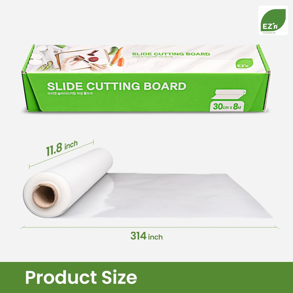 EZ’n Slide Cutting Board Sheet – 11.81 in x 26.25 ft BPA-Free Plastic Chopping Board Roll with Easy Cut Slider – Non-Slip, Dishwasher Safe, Knife-Friendly Surface – Food Prep Board, Made in Korea