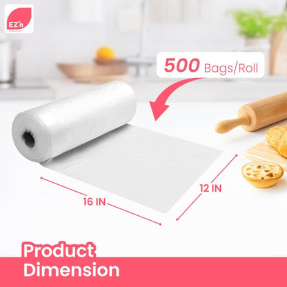 EZ'n Food Storage Bags - 12" x 16" Clear Plastic Produce Bags 500 pcs on a Roll - Durable, Easy Tear, Freezer Safe, BPA Free, Ideal for Bread, Fruits, Vegetables, Refrigerator Storage - Made in Korea