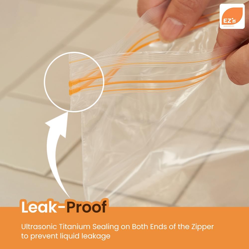 EZ'n Standard Double Zipper Food Storage Bags – 100 Count, Medium Size, Durable, BPA-Free, Leakproof & Freezer Safe Resealable Plastic Bags - Made in Korea