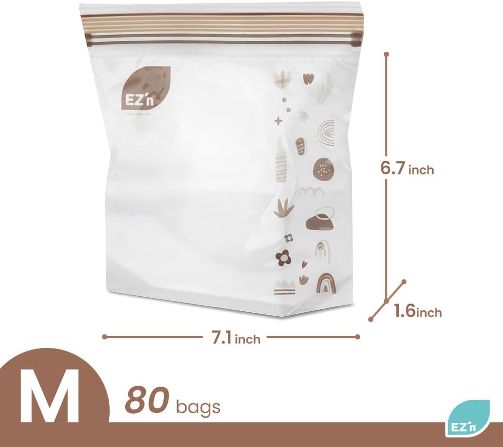 EZ'n Premium Double Zipper Food Storage Bags – 80 Count, Medium Size, Durable, BPA-Free, Leakproof & Freezer Safe Resealable Plastic Bags with Double Power Lock Seal - Made in Korea