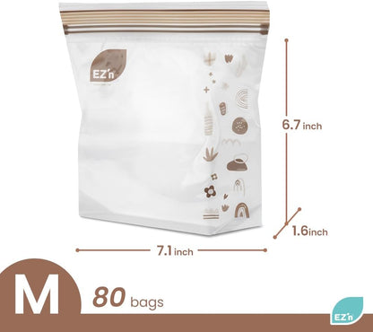 EZ'n Premium Double Zipper Food Storage Bags – 80 Count, Medium Size, Durable, BPA-Free, Leakproof & Freezer Safe Resealable Plastic Bags with Double Power Lock Seal - Made in Korea