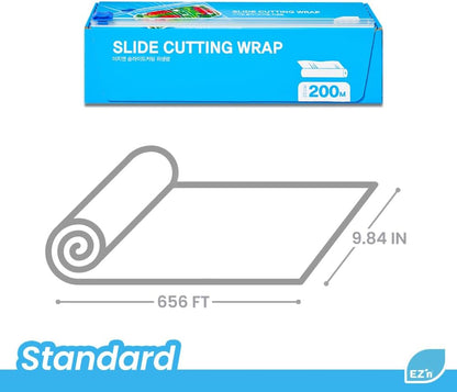 EZ'n Slide Cutting Plastic Food Wrap - BPA-Free, Stretch Cling Film Dispenser with Built-In Safe Slide Cutter – 11.8 Inch x 656.1 Feet Roll, Anti-Fog & Leak-Proof Food-Safe Material, Made in Korea