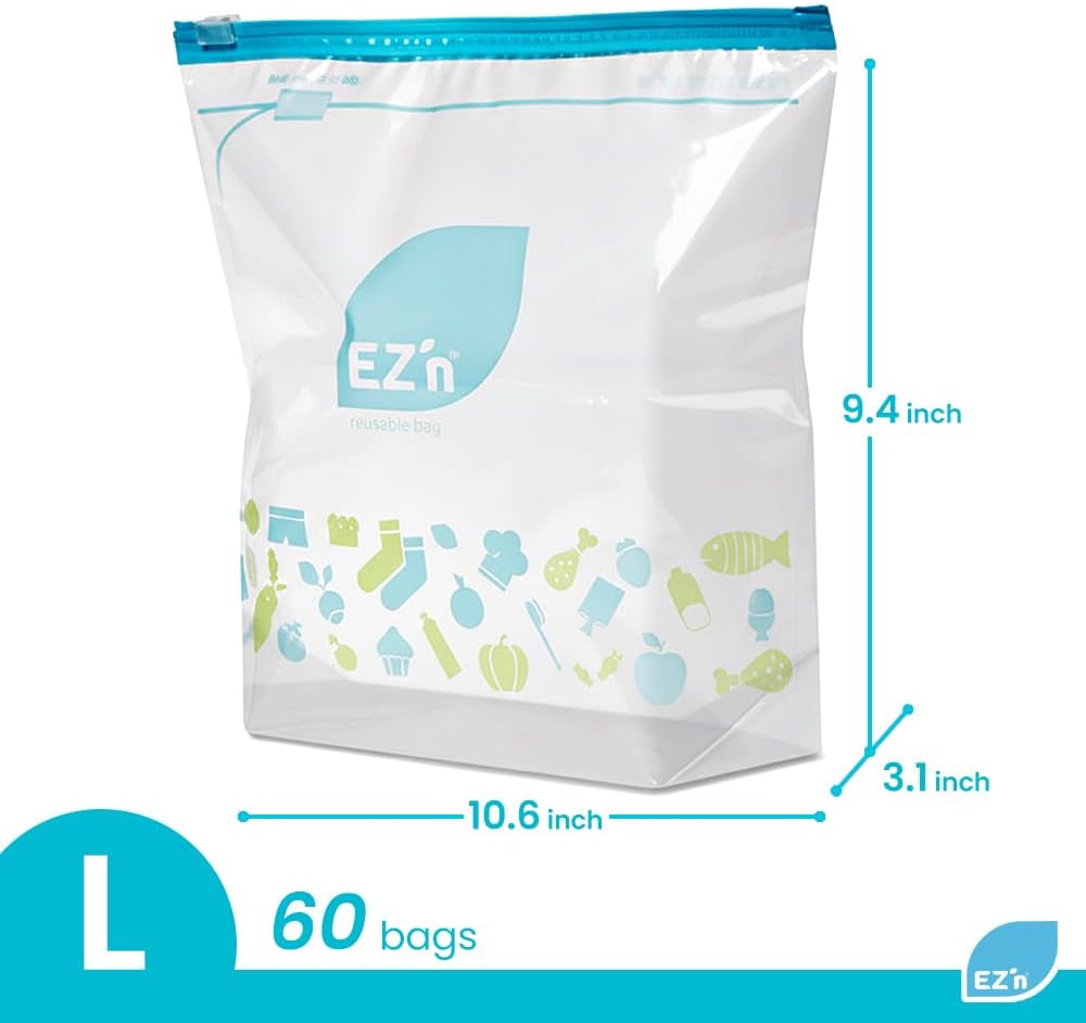 EZ'n Slider Zipper Food Storage Bags – 60 Count, Large Size, Durable, BPA-Free, Leakproof & Freezer Safe Resealable Plastic Bags with Power Lock Seal - Made in Korea