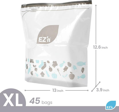 EZ'n Slider Zipper Food Storage Bags – 45 Count, X-Large Size, Durable, BPA-Free, Leakproof & Freezer Safe Resealable Plastic Bags with Power Lock Seal - Made in Korea