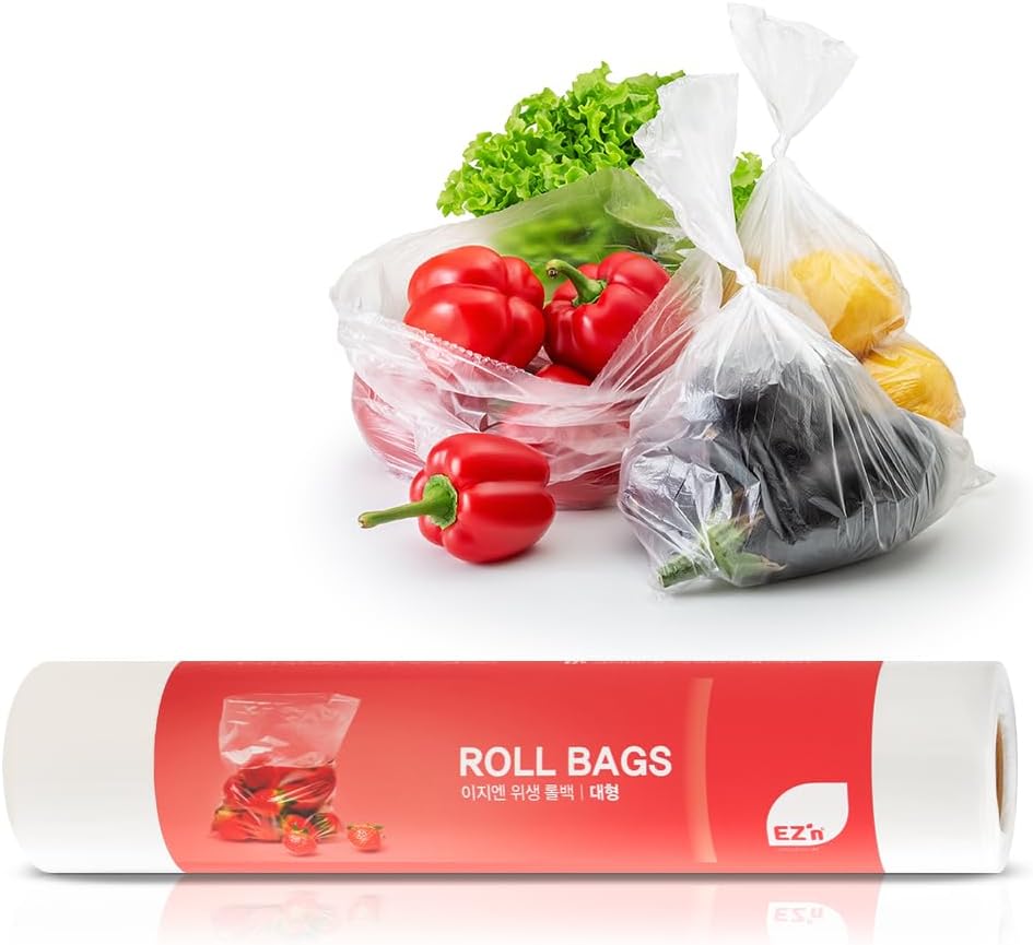 EZ'n Food Storage Bags - 12" x 16" Clear Plastic Produce Bags 500 pcs on a Roll - Durable, Easy Tear, Freezer Safe, BPA Free, Ideal for Bread, Fruits, Vegetables, Refrigerator Storage - Made in Korea