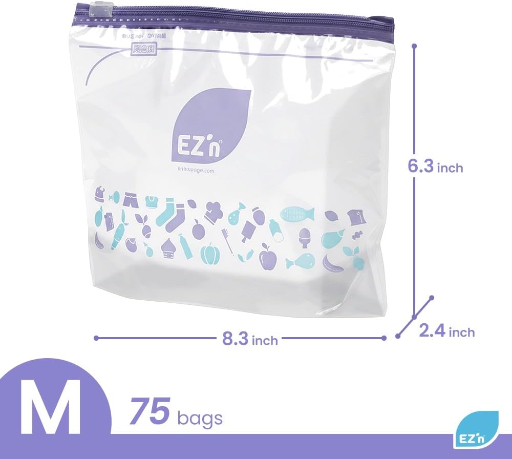 EZ'n Slider Zipper Food Storage Bags – 75 Count, Medium Size, Durable, BPA-Free, Leakproof & Freezer Safe Resealable Plastic Bags with Power Lock Seal - Made in Korea