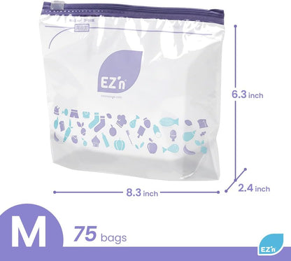EZ'n Slider Zipper Food Storage Bags – 75 Count, Medium Size, Durable, BPA-Free, Leakproof & Freezer Safe Resealable Plastic Bags with Power Lock Seal - Made in Korea