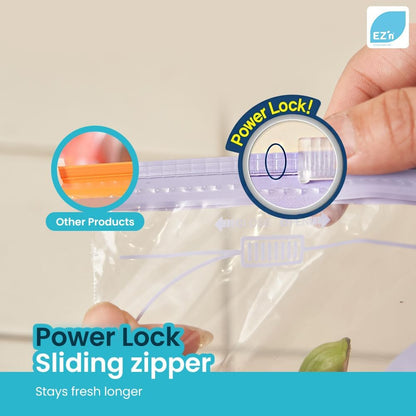 EZ'n Slider Zipper Food Storage Bags – 75 Count, Medium Size, Durable, BPA-Free, Leakproof & Freezer Safe Resealable Plastic Bags with Power Lock Seal - Made in Korea