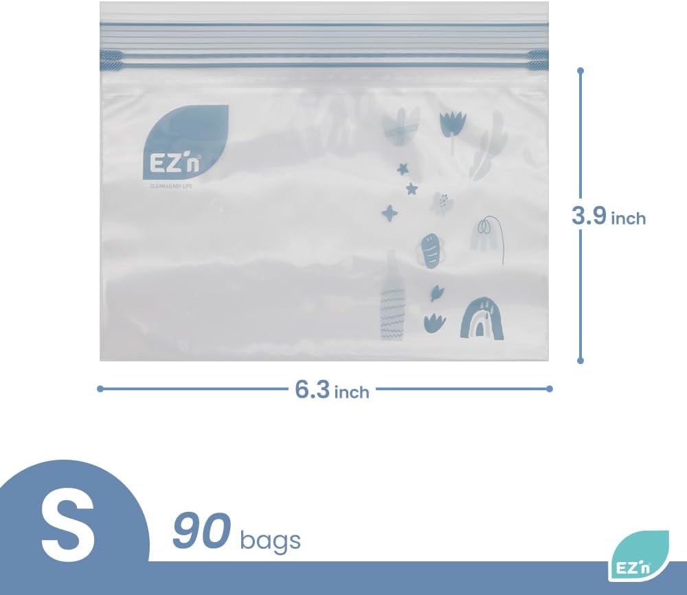 EZ'n Premium Double Zipper Food Storage Bags – 90 Count, Small Size, Durable, BPA-Free, Leakproof & Freezer Safe Resealable Plastic Bags with Double Power Lock Seal - Made in Korea