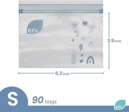 EZ'n Premium Double Zipper Food Storage Bags – 90 Count, Small Size, Durable, BPA-Free, Leakproof & Freezer Safe Resealable Plastic Bags with Double Power Lock Seal - Made in Korea