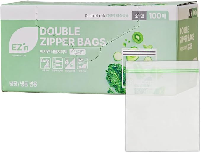 EZ'n Standard Double Zipper Food Storage Bags – 100 Count, Medium Size, Durable, BPA-Free, Leakproof & Freezer Safe Resealable Plastic Bags - Made in Korea