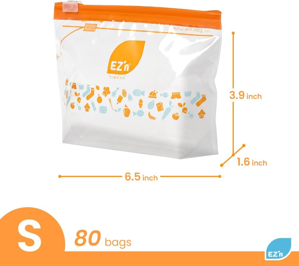 EZ'n Slider Zipper Food Storage Bags – 80 Count, Small Size, Durable, BPA-Free, Leakproof & Freezer Safe Resealable Plastic Bags with Power Lock Seal - Made in Korea
