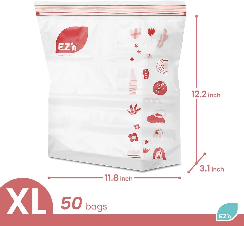 EZ'n Premium Double Zipper Food Storage Bags – 50 Count, X-Large Size, Durable, BPA-Free, Leakproof & Freezer Safe Resealable Plastic Bags with Double Power Lock Seal - Made in Korea