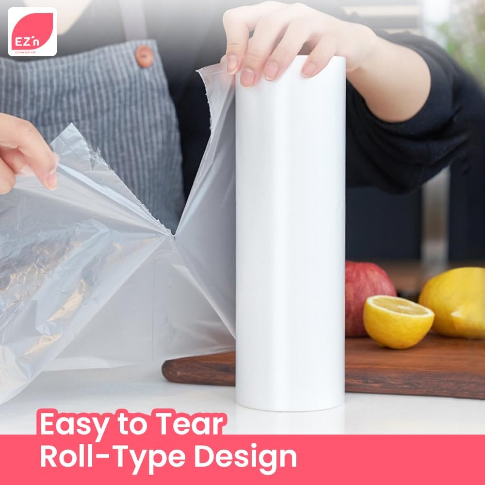 EZ'n Food Storage Bags - 12" x 16" Clear Plastic Produce Bags 500 pcs on a Roll - Durable, Easy Tear, Freezer Safe, BPA Free, Ideal for Bread, Fruits, Vegetables, Refrigerator Storage - Made in Korea
