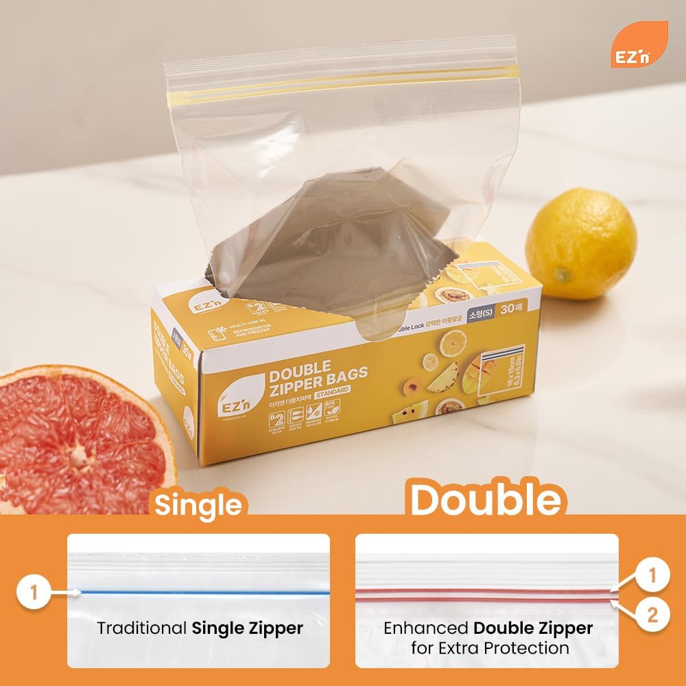 EZ'n Standard Double Zipper Food Storage Bags – 80 Count, Large Size, Durable, BPA-Free, Leakproof & Freezer Safe Resealable Plastic Bags - Made in Korea