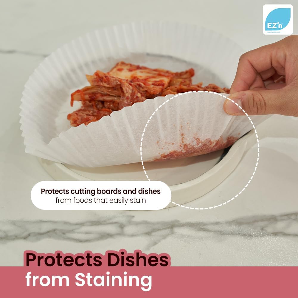 EZ'n Air Fryer Parchment Paper Liners (Large Size, 150 Pack) – Non-Stick, Ridged, Heat-Resistant Disposable Paper for Airfryer, Oven, Microwave – 9.1 Inch Round Silicone-Coated Baking Sheets