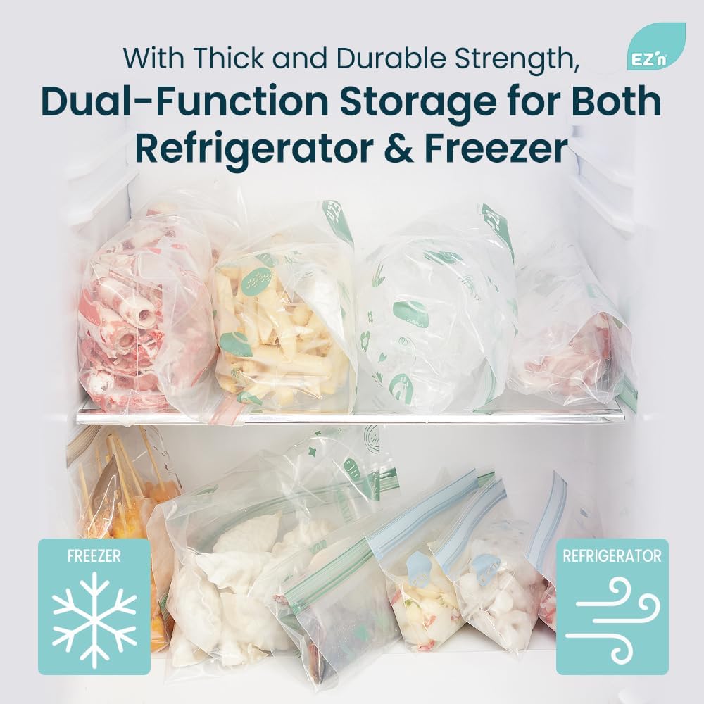 EZ'n Premium Double Zipper Food Storage Bags – 80 Count, Medium Size, Durable, BPA-Free, Leakproof & Freezer Safe Resealable Plastic Bags with Double Power Lock Seal - Made in Korea