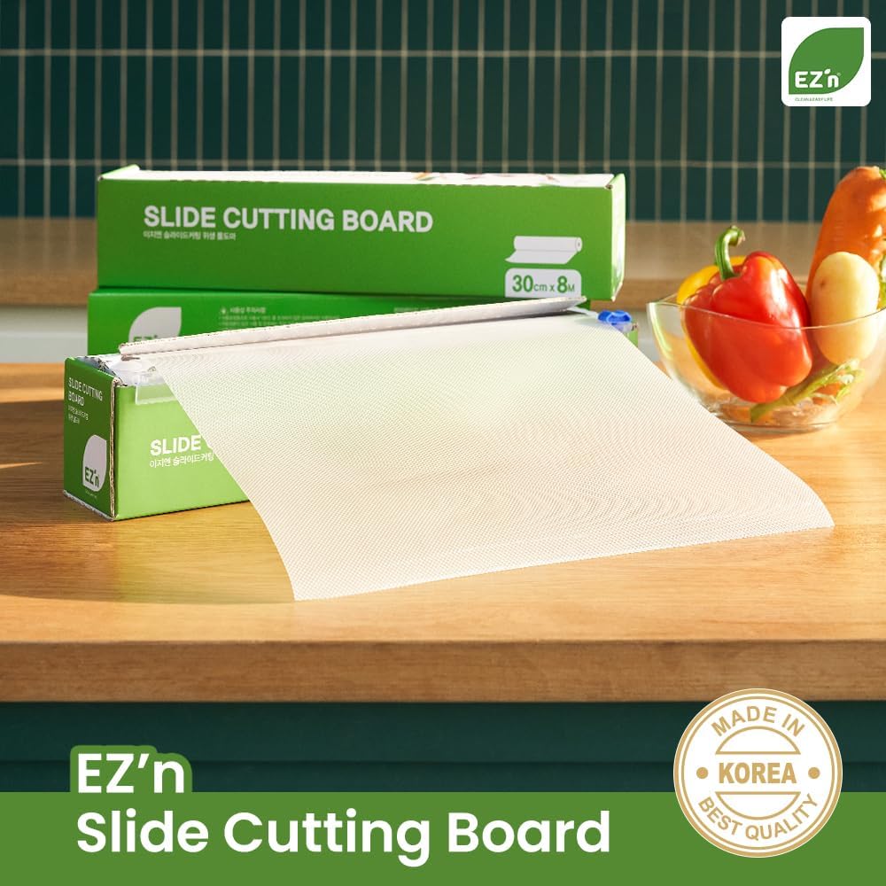 EZ’n Slide Cutting Board Sheet – 11.81 in x 26.25 ft BPA-Free Plastic Chopping Board Roll with Easy Cut Slider – Non-Slip, Dishwasher Safe, Knife-Friendly Surface – Food Prep Board, Made in Korea