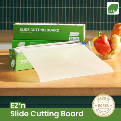 EZ’n Slide Cutting Board Sheet – 11.81 in x 26.25 ft BPA-Free Plastic Chopping Board Roll with Easy Cut Slider – Non-Slip, Dishwasher Safe, Knife-Friendly Surface – Food Prep Board, Made in Korea