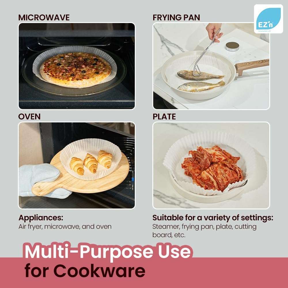 EZ'n Air Fryer Parchment Paper Liners (Large Size, 150 Pack) – Non-Stick, Ridged, Heat-Resistant Disposable Paper for Airfryer, Oven, Microwave – 9.1 Inch Round Silicone-Coated Baking Sheets
