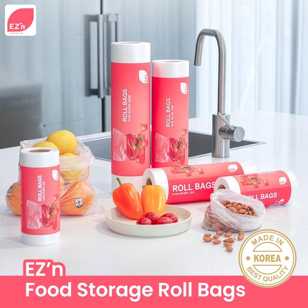EZ'n Food Storage Bags - 12" x 16" Clear Plastic Produce Bags 500 pcs on a Roll - Durable, Easy Tear, Freezer Safe, BPA Free, Ideal for Bread, Fruits, Vegetables, Refrigerator Storage - Made in Korea