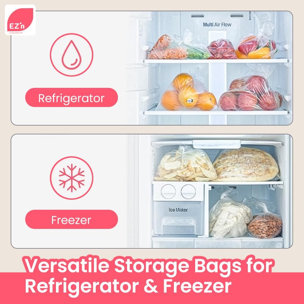 EZ'n Food Storage Bags - 12" x 16" Clear Plastic Produce Bags 500 pcs on a Roll - Durable, Easy Tear, Freezer Safe, BPA Free, Ideal for Bread, Fruits, Vegetables, Refrigerator Storage - Made in Korea