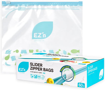 EZ'n Slider Zipper Food Storage Bags – 60 Count, Large Size, Durable, BPA-Free, Leakproof & Freezer Safe Resealable Plastic Bags with Power Lock Seal - Made in Korea