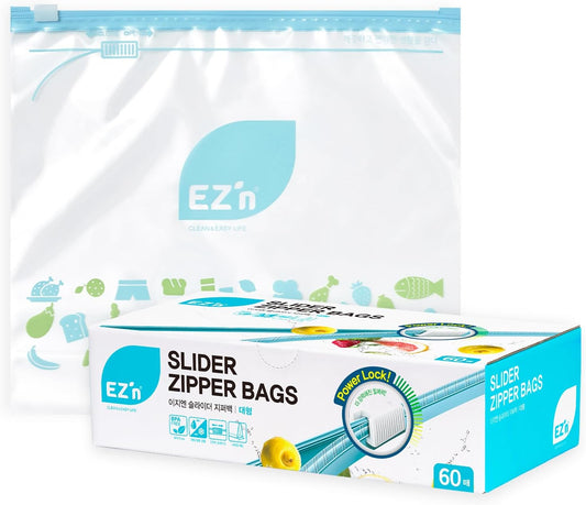 EZ'n Slider Zipper Food Storage Bags – 60 Count, Large Size, Durable, BPA-Free, Leakproof & Freezer Safe Resealable Plastic Bags with Power Lock Seal - Made in Korea