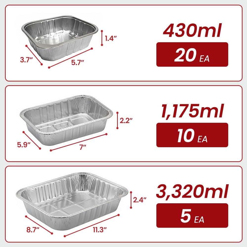 FIREFOLKS Disposable Premium Aluminum Pans – 35 Pack Variety Set Heavy-Duty Open-Flame Trays, Cookware for Cooking, Baking, Roasting, Heating, Grilling, Food Prepping