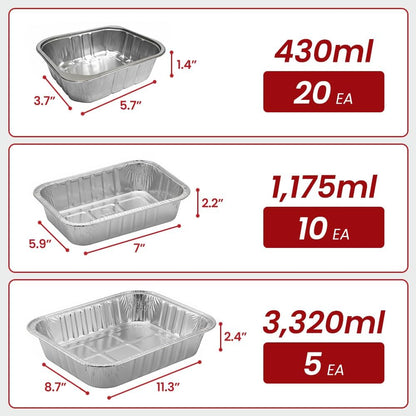 FIREFOLKS Disposable Premium Aluminum Pans – 35 Pack Variety Set Heavy-Duty Open-Flame Trays, Cookware for Cooking, Baking, Roasting, Heating, Grilling, Food Prepping