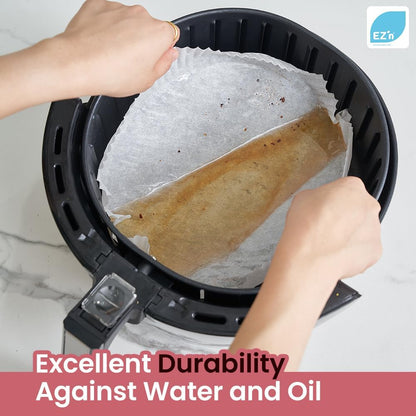 EZ'n Air Fryer Parchment Paper Liners (Large Size, 150 Pack) – Non-Stick, Ridged, Heat-Resistant Disposable Paper for Airfryer, Oven, Microwave – 9.1 Inch Round Silicone-Coated Baking Sheets