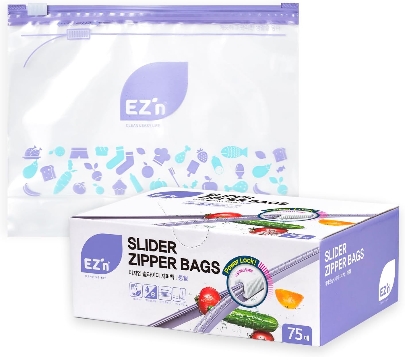 EZ'n Slider Zipper Food Storage Bags – 75 Count, Medium Size, Durable, BPA-Free, Leakproof & Freezer Safe Resealable Plastic Bags with Power Lock Seal - Made in Korea