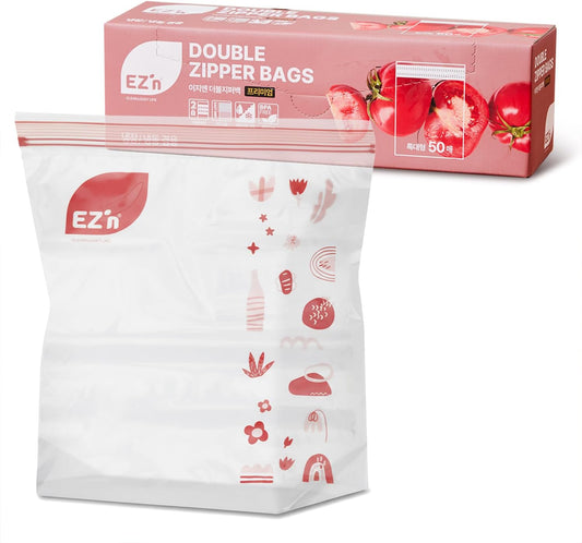 EZ'n Premium Double Zipper Food Storage Bags – 50 Count, X-Large Size, Durable, BPA-Free, Leakproof & Freezer Safe Resealable Plastic Bags with Double Power Lock Seal - Made in Korea