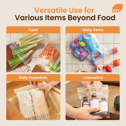 EZ'n Standard Double Zipper Food Storage Bags – 80 Count, Large Size, Durable, BPA-Free, Leakproof & Freezer Safe Resealable Plastic Bags - Made in Korea
