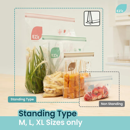 EZ'n Premium Double Zipper Food Storage Bags – 80 Count, Medium Size, Durable, BPA-Free, Leakproof & Freezer Safe Resealable Plastic Bags with Double Power Lock Seal - Made in Korea
