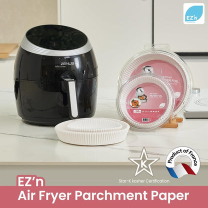 EZ'n Air Fryer Parchment Paper Liners (Large Size, 150 Pack) – Non-Stick, Ridged, Heat-Resistant Disposable Paper for Airfryer, Oven, Microwave – 9.1 Inch Round Silicone-Coated Baking Sheets