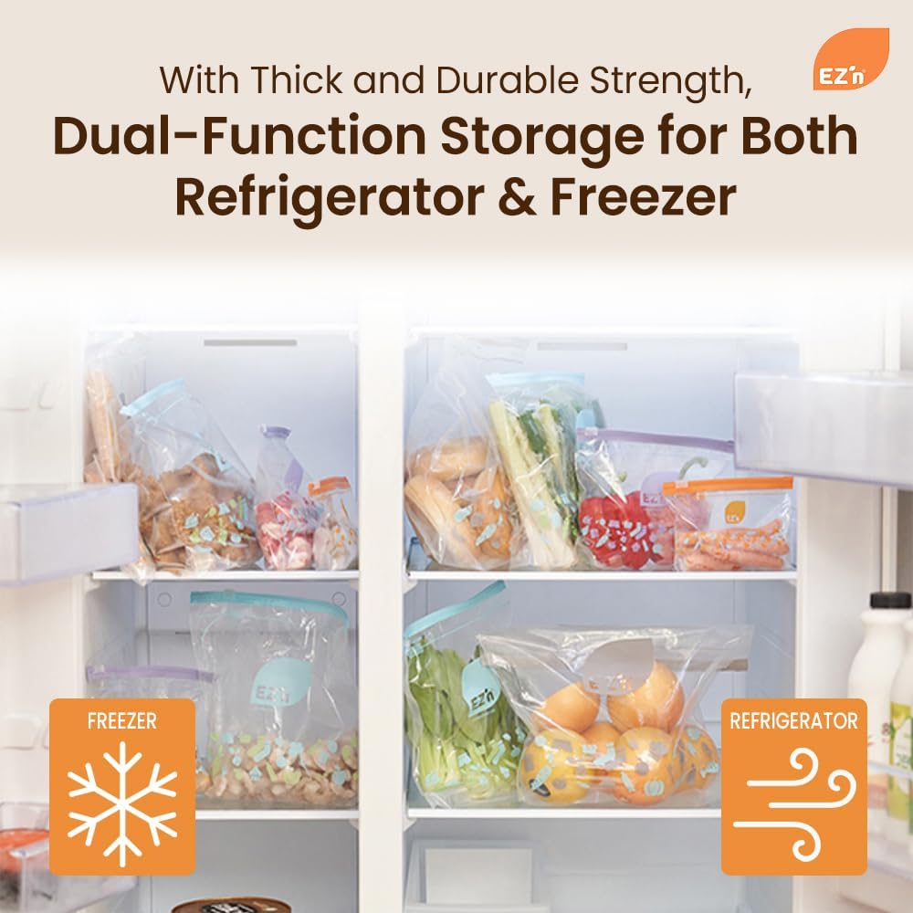 EZ'n Standard Double Zipper Food Storage Bags – 80 Count, Large Size, Durable, BPA-Free, Leakproof & Freezer Safe Resealable Plastic Bags - Made in Korea