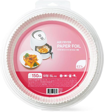 EZ'n Air Fryer Parchment Paper Liners (Large Size, 150 Pack) – Non-Stick, Ridged, Heat-Resistant Disposable Paper for Airfryer, Oven, Microwave – 9.1 Inch Round Silicone-Coated Baking Sheets