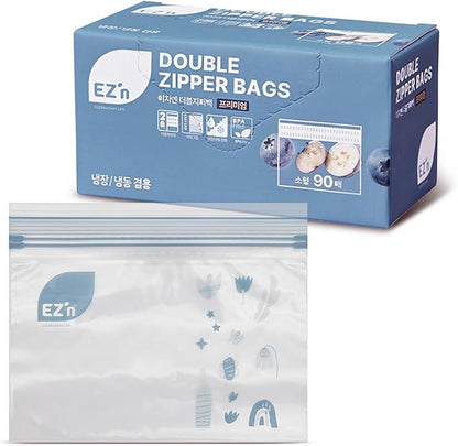 EZ'n Premium Double Zipper Food Storage Bags – 90 Count, Small Size, Durable, BPA-Free, Leakproof & Freezer Safe Resealable Plastic Bags with Double Power Lock Seal - Made in Korea