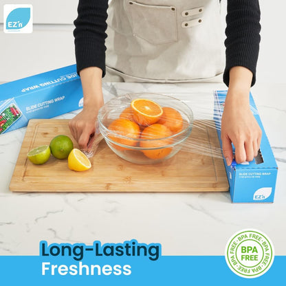 EZ'n Slide Cutting Plastic Food Wrap - BPA-Free, Stretch Cling Film Dispenser with Built-In Safe Slide Cutter – 11.8 Inch x 656.1 Feet Roll, Anti-Fog & Leak-Proof Food-Safe Material, Made in Korea