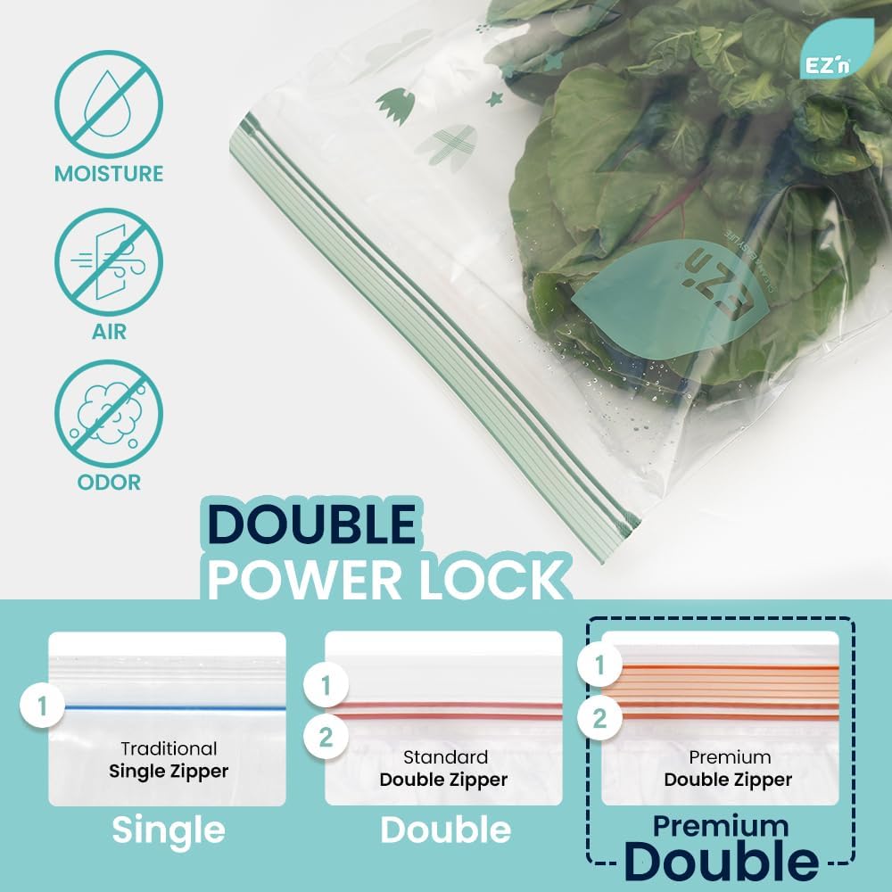 EZ'n Premium Double Zipper Food Storage Bags – 80 Count, Medium Size, Durable, BPA-Free, Leakproof & Freezer Safe Resealable Plastic Bags with Double Power Lock Seal - Made in Korea