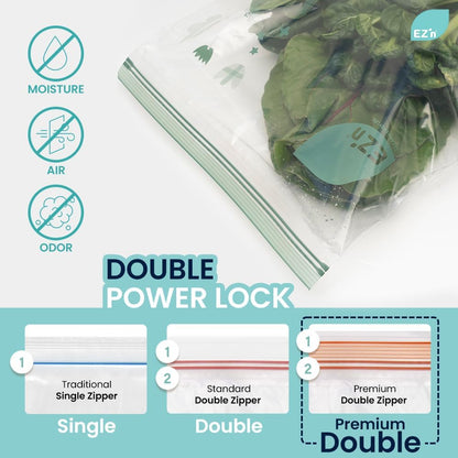 EZ'n Premium Double Zipper Food Storage Bags – 80 Count, Medium Size, Durable, BPA-Free, Leakproof & Freezer Safe Resealable Plastic Bags with Double Power Lock Seal - Made in Korea
